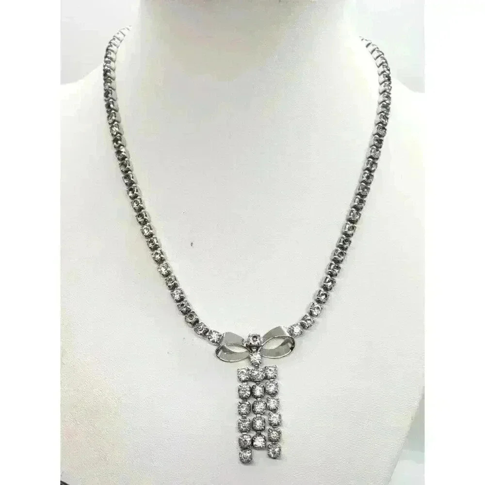 Vintage Necklace Rhinestone 3D Figural Bow & Dangles Choker Barbie Wedding